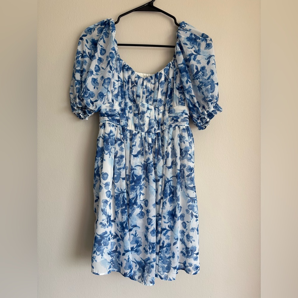 Abercrombie & Fitch Blue & White Puff Sleeve Mini Dress